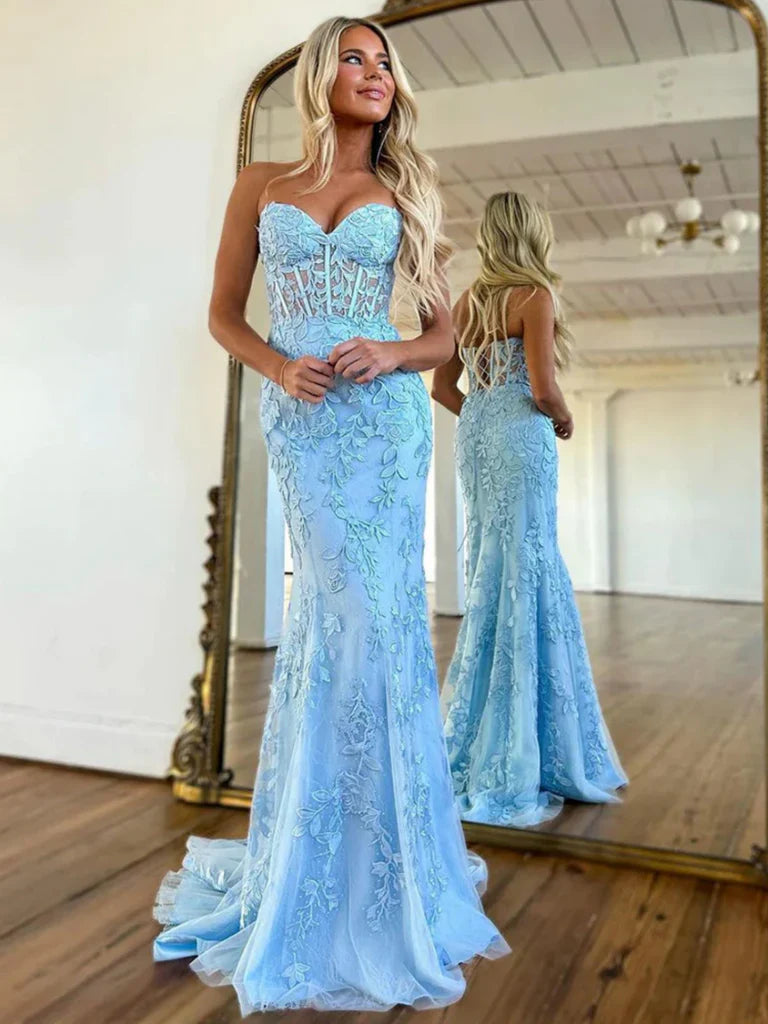 2025 Long Mermaid Purple Lace Prom Dresses Violet Strapless Formal Dress