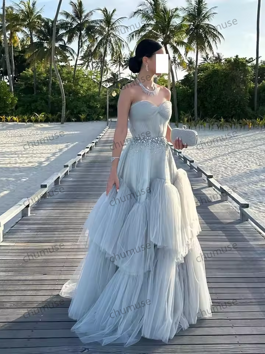Light Blue Ruffles Evening Dress with Crystal Strapless for Women Wedding Party Ball Gowns