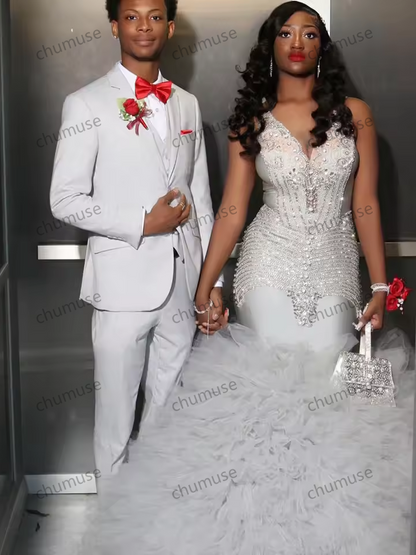 Vestidos de noiva sereia personalizados, plissados, tule, borlas, camadas, cristal, sem mangas, costas abertas, vestido de baile