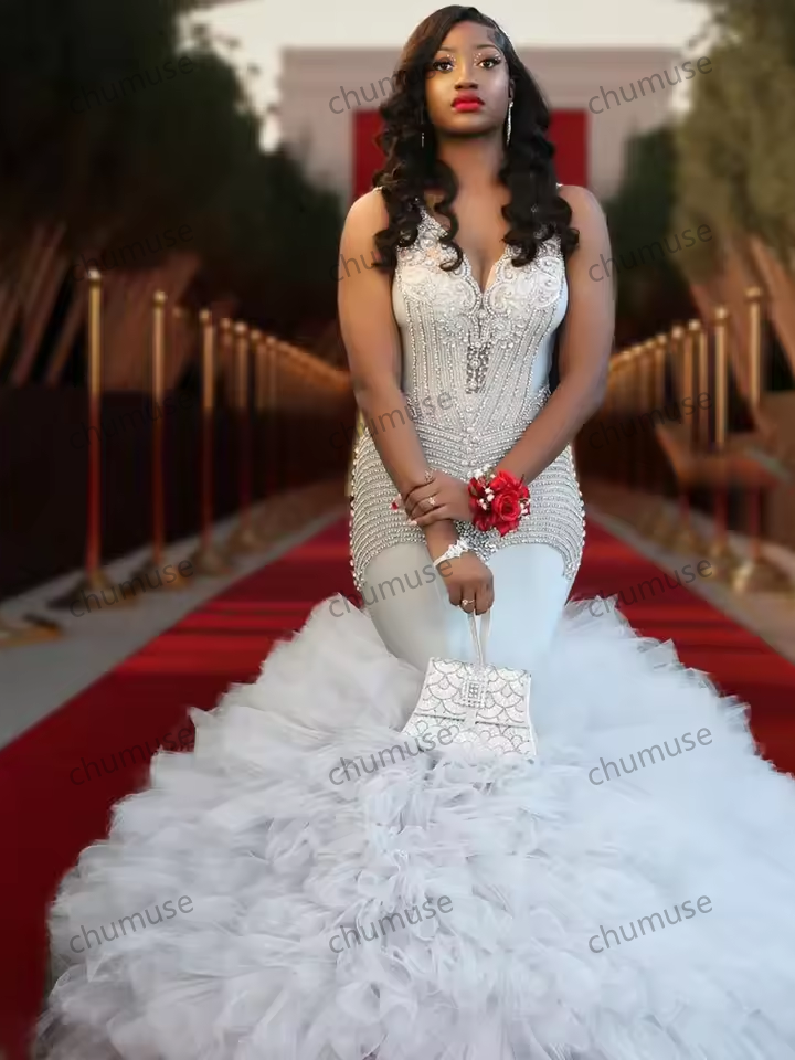 Vestidos de noiva sereia personalizados, plissados, tule, borlas, camadas, cristal, sem mangas, costas abertas, vestido de baile