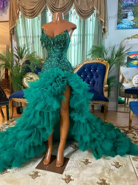 Vestido longo de baile verde esmeralda, sem alças, com borlas, apliques de contas, vestido de aniversário luxuoso, babados, vestido com fenda personalizado