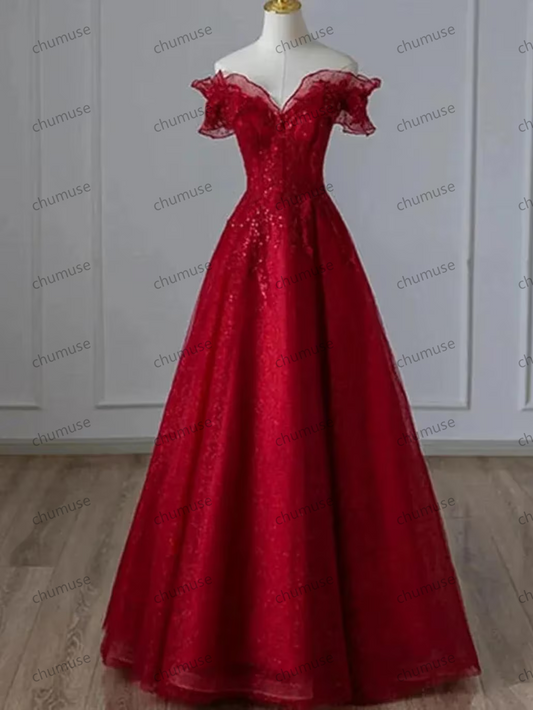 Vestido de noche de tul rojo con hombros descubiertos, vestido de fiesta rojo, vestido de fiesta de hadas, vestido de novia, vestido de princesa, vestido de fiesta elegante, vestido de dama de honor, vestido