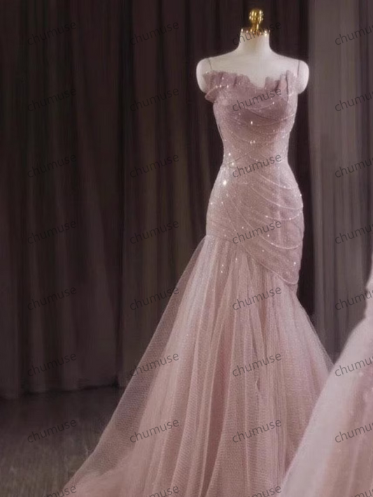 Vestido longo formal de renda com lantejoulas rosa, vestido de baile com cauda longa, vestido de festa, vestidos de noite, vestido de dama de honra, vestido de noiva, vestido de sereia