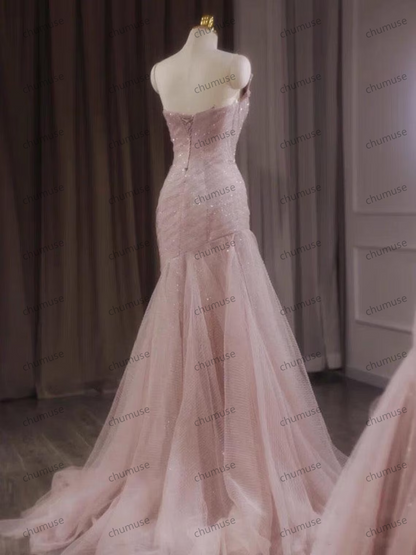 Pink Sequin Lace Formal Long Dress,Sweep Train Prom Dress,Party Dress,Evening Gowns,Bridesmaid Dress,Wedding Dress,Mermaid Dress
