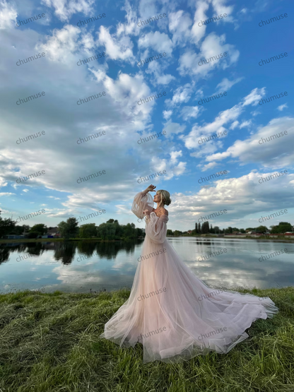 Soft pink event dress,Puffy tulle dress with long train,Dresses with puff sleeves,Wedding Dress,Prom Dress,Pink dress for photo,corset dress