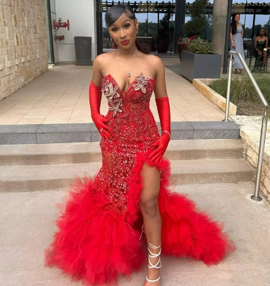 Vestido de baile vermelho com lantejoulas e lantejoulas, sexy, preto, personalizado, com contas de cristal, fenda alta, babados, festa africana, vestido Aso Ebi