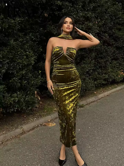 Robe d'été mi-longue en velours sans manches, dos nu, avec fermeture éclair, pour femme, tenue de soirée, 2025