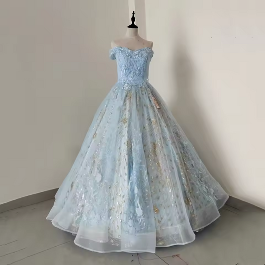 Vestidos de princesa azul claro, vestidos de baile de renda, vestidos poncho, lantejoulas brilhantes, vestidos de baile