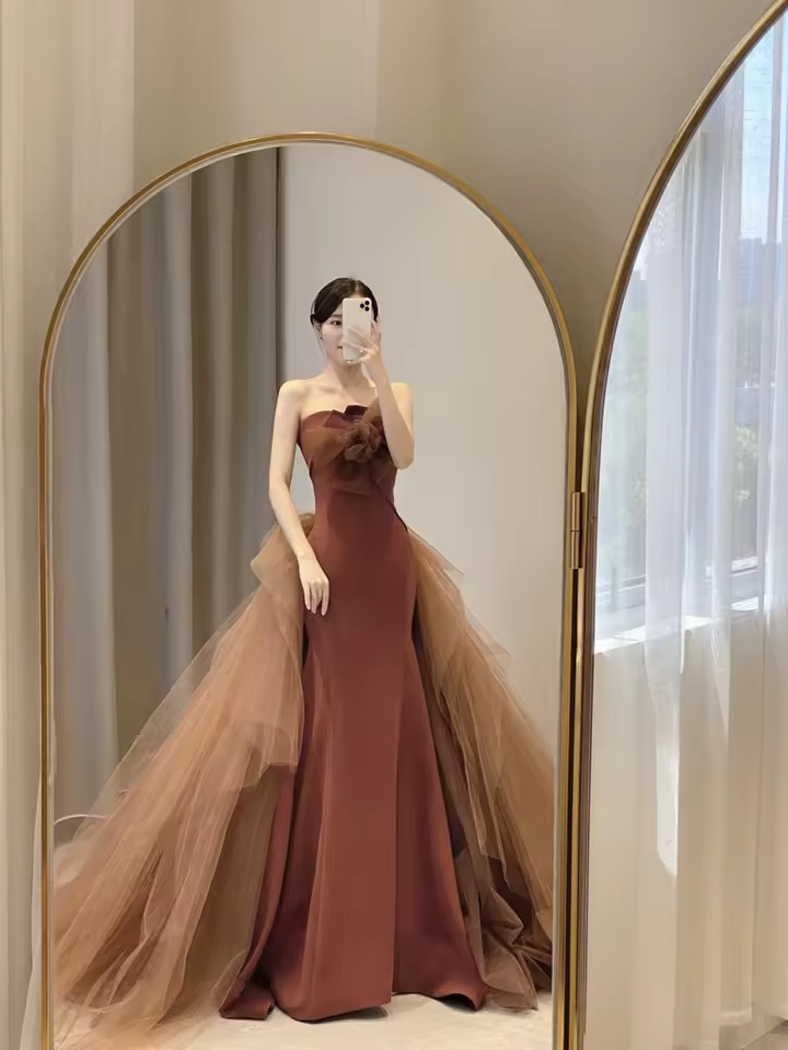 Robe de soirée longue élégante sans bretelles style sirène pour femme, tenue de soirée sexy en maille, idéale pour un bal, un cocktail ou une soirée