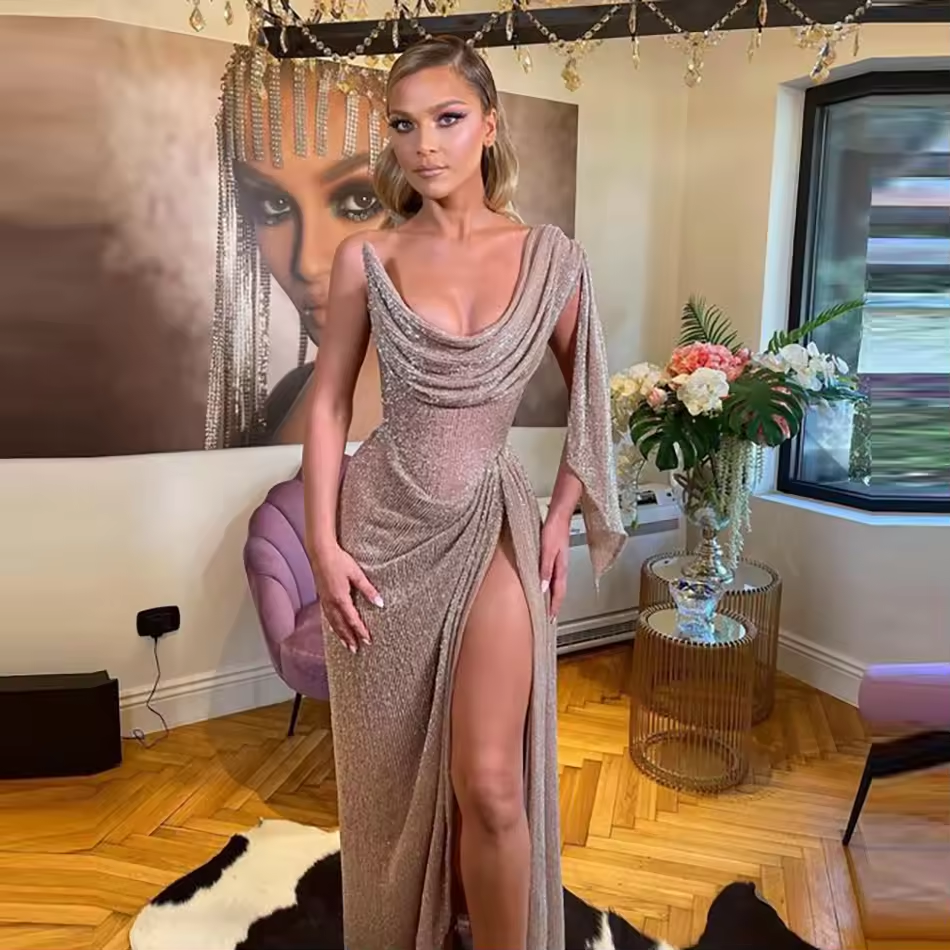 Robe longue à paillettes à une épaule, accrocheuse, plissée, sexy, fendue, tenue de soirée longue