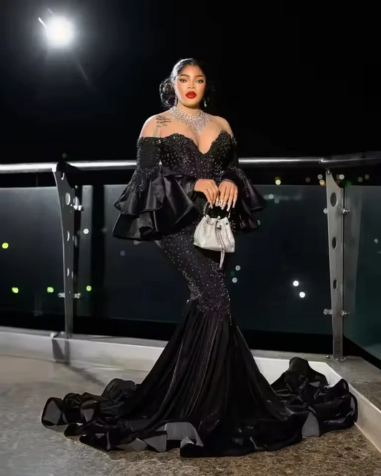 فستان حورية البحر الأفريقي الأسود الأنيق ذو المقاسات الكبيرة بأكمام واسعة ورقبة شفافة من Aso Ebi مخصص لحفلات أعياد الميلاد
