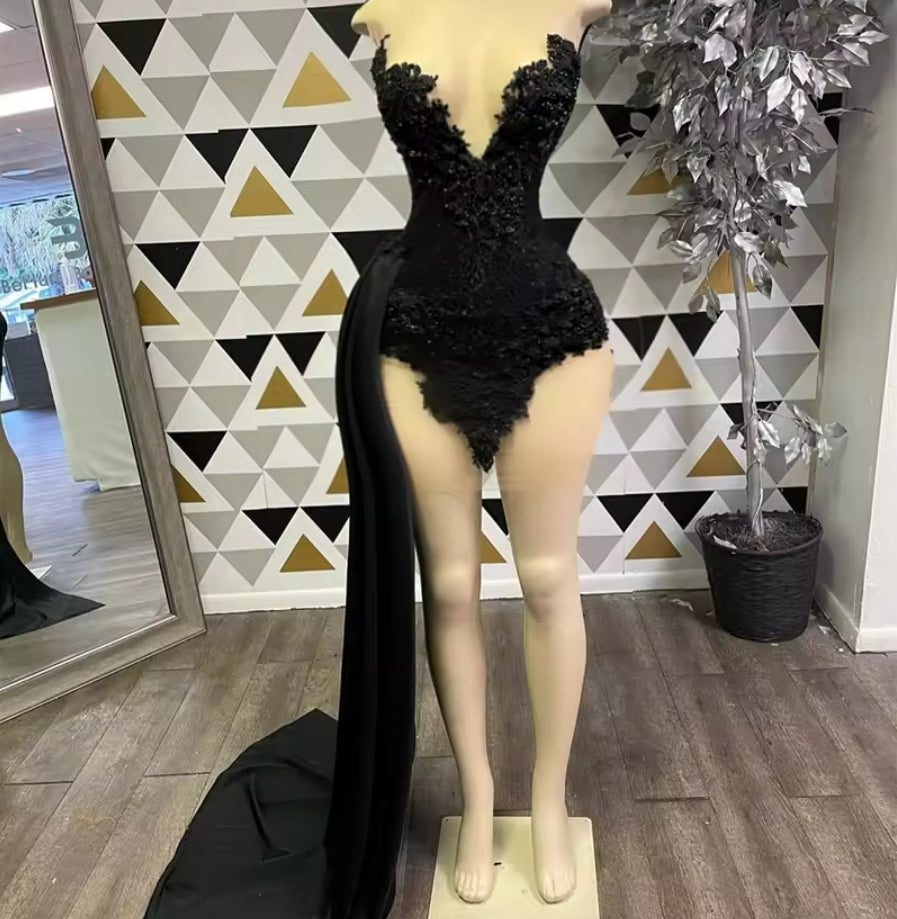Robe de bal courte noire transparente à col rond, avec appliques, robe de fête d'anniversaire, robe de cocktail sirène, robe de bal personnalisée