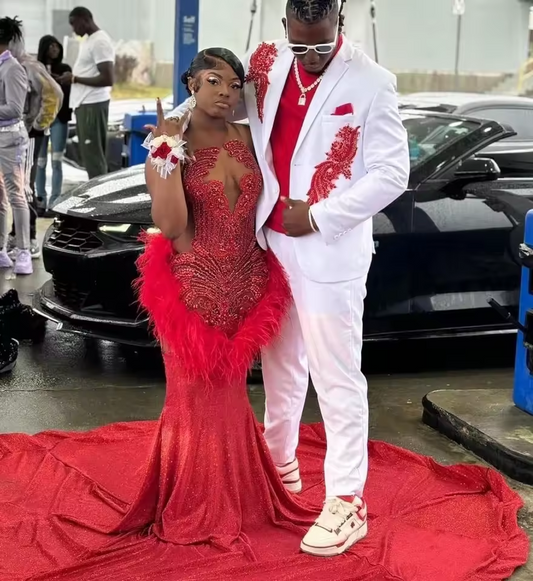 Vestidos de fiesta largos afroamericanos de lujo rojos para chicas negras, vestido de noche de fiesta con cristales y plumas brillantes de sirena, personalizado
