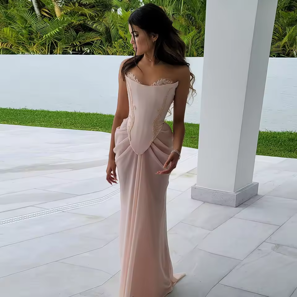 Vestido de noite estilo sereia, feito à mão, em chiffon drapeado, corpete, com contas, para casamento, festa formal