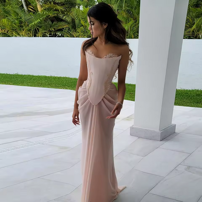 Vestido de noite estilo sereia, feito à mão, em chiffon drapeado, corpete, com contas, para casamento, festa formal