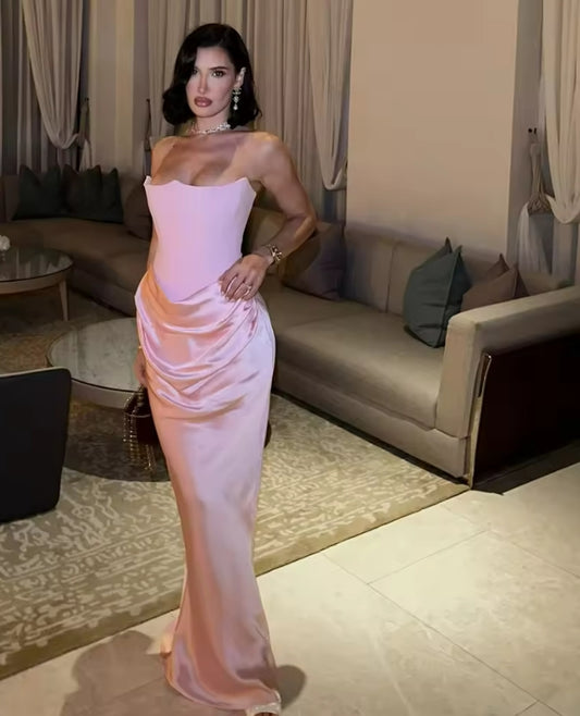 Vestidos de noche formales de sirena, de satén rosa sin tirantes, para mujer, vestido de fiesta largo para ocasiones especiales, vestidos de fiesta personalizados