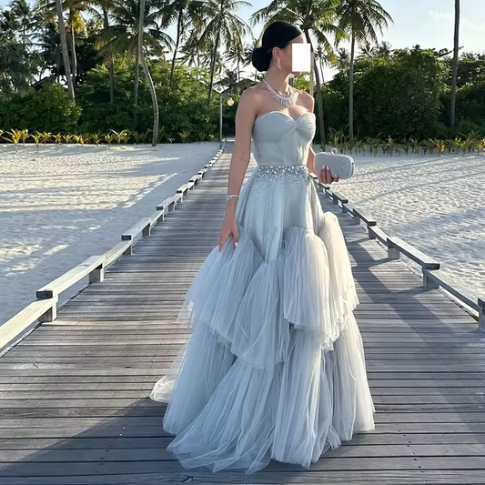 Vestido de noche de tul con lentejuelas, personalizado, exquisito, a la moda, escote en forma de corazón, corte en A, sin mangas, largo hasta el suelo, para ocasiones especiales.
