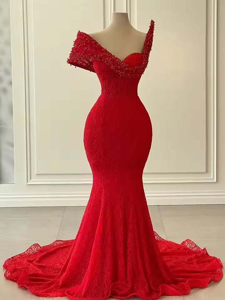 Robe de bal longue rouge élégante en dentelle pour fille noire, avec perles et cristaux, tenue de soirée de luxe, sur mesure