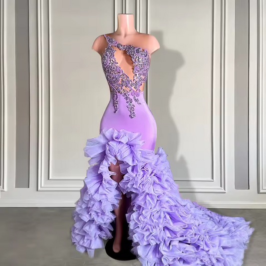 Elegantes vestidos de fiesta largos con apliques morados y cuentas 2025, sexys, negros, con abertura, sirena, plisados ​​y con volantes, personalizados.