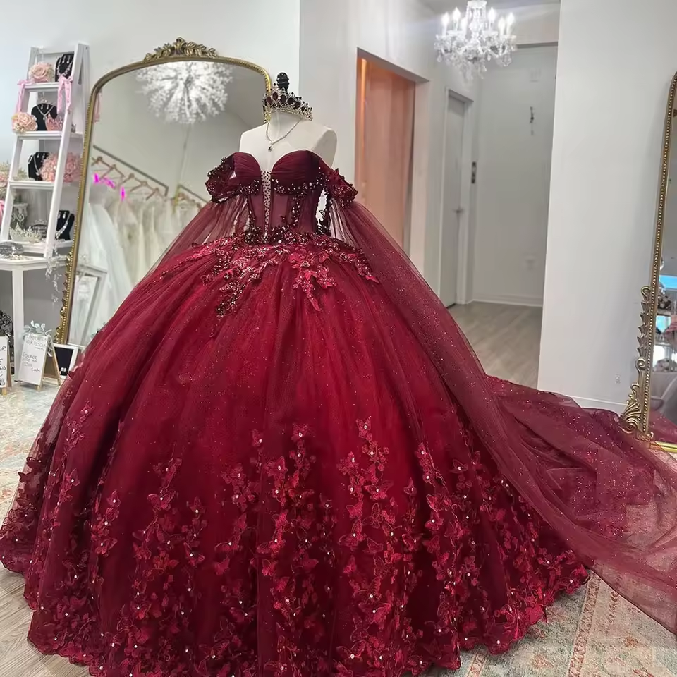 Robes de Quinceanera rouges de luxe 2025 avec appliques florales, robes d'anniversaire pour filles Sweet 15 personnalisées