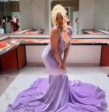 Vestidos de baile lilás elegantes 2025, pretos, para meninas, com strass, veludo, sereia, longo, roxo claro, vestidos de noite personalizados