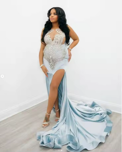 Robe de soirée sirène bleu ciel scintillante, robe de cocktail, robe de bal, d'anniversaire, de gala, de luxe, fendue, sexy, sur mesure