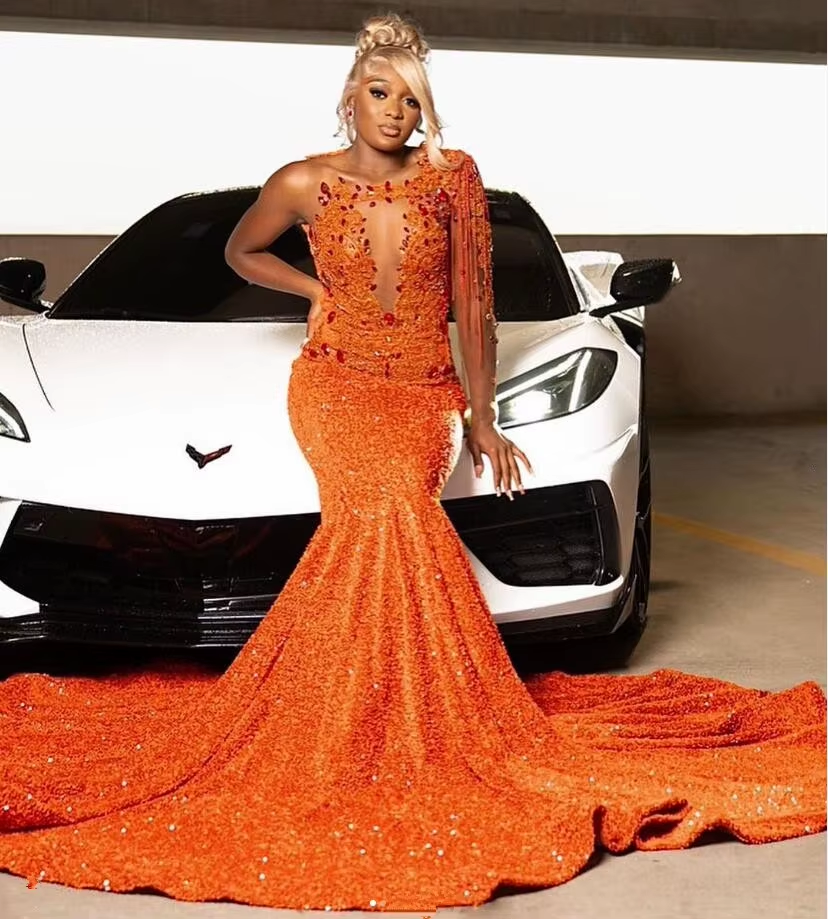 Robe de soirée longue sirène Orange Gillter pour femme, tenue de soirée élégante, en velours noir, avec cristaux scintillants et perles, idéale pour un anniversaire ou une fête.