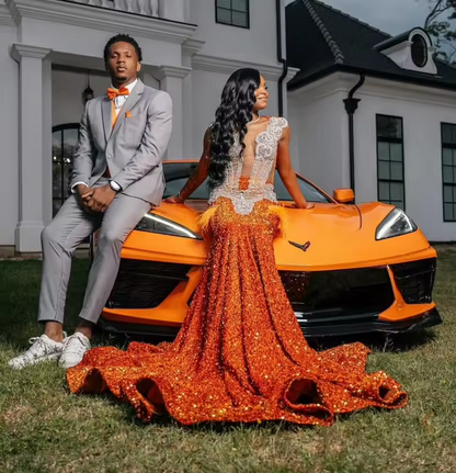 Vestidos de noche formales de sirena naranja brillante 2025 de lujo con diamantes de cristal de terciopelo de malla transparente para graduación y cumpleaños, tamaño personalizado