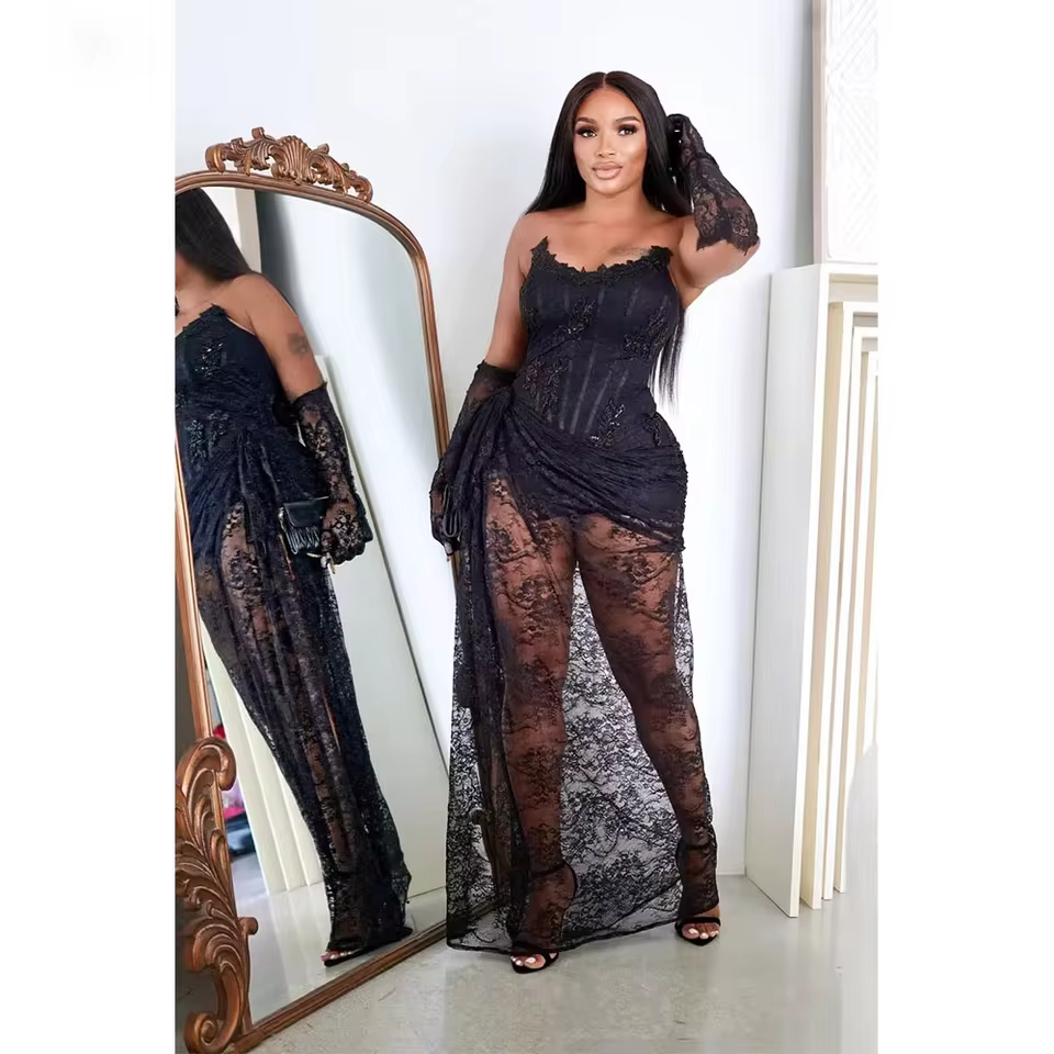 Robe de soirée sexy en dentelle noire, sans bretelles, moulante, fendue, tenue de cocktail, pour un événement spécial