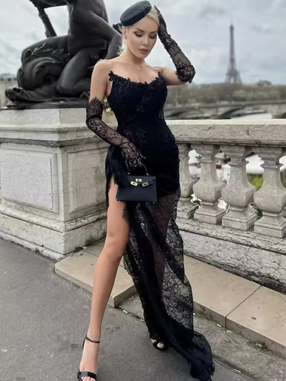 Nouvelles robes d'été sexy sans bretelles en dentelle noire élégante avec manches mitaines pour bal de promo, soirée, mariage, célébrités