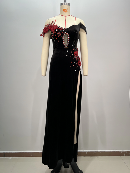 Robe longue fendue sexy en velours noir pour femme, motif floral rouge brillant, style élégant, slim, tenue de soirée ou de banquet