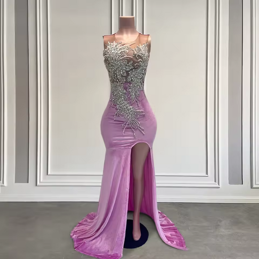 Vestidos longos de baile de veludo violeta 2025 para meninas negras, com contas brilhantes, cristais, fenda alta, sereia rosa, vestidos de baile de aniversário personalizados