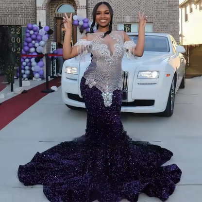 Robe de bal sirène longue et personnalisée, à volants étagés, avec strass et perles, élégante robe de soirée pour femme, robe de fête d'anniversaire