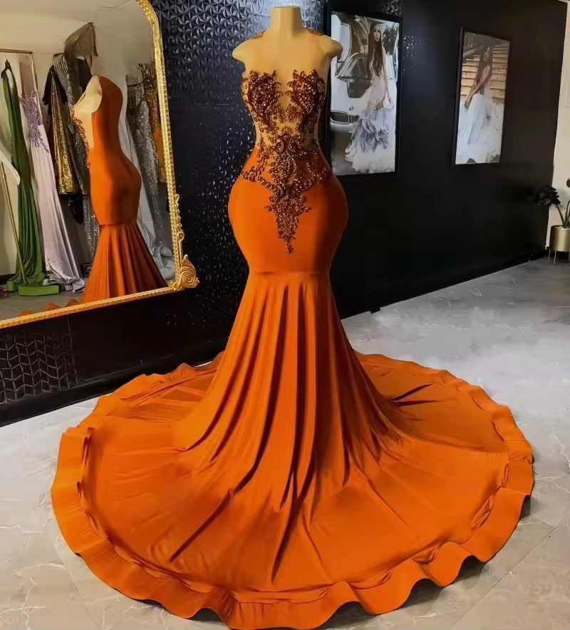 Robe de bal sexy transparente orange pour filles noires, robe de soirée luxueuse en diamant, robe de soirée sirène en satin, personnalisée, 2025