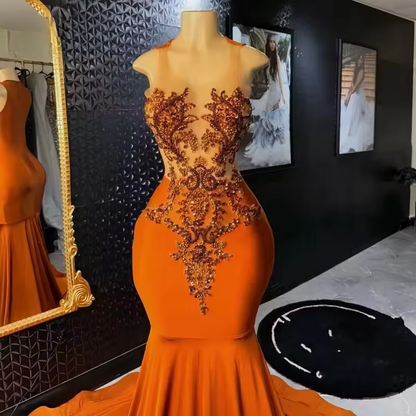 Robe de bal sexy transparente orange pour filles noires, robe de soirée luxueuse en diamant, robe de soirée sirène en satin, personnalisée, 2025