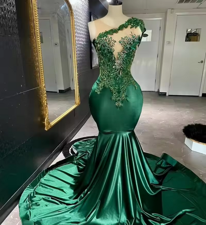 Elegantes vestidos de fiesta de sirena de satén verde oscuro 2025 para niña negra, cuello transparente con cuentas, vestidos de fiesta de noche de cumpleaños personalizados