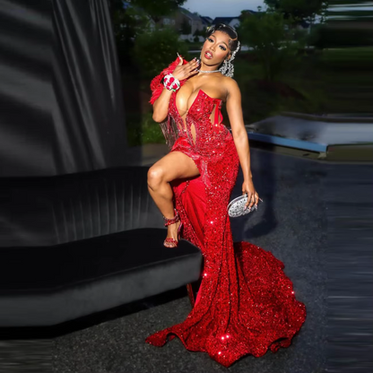 Robe de soirée sirène sexy à paillettes, décolleté sexy, plumes, pompons, laçage dans le dos, robe de soirée sirène Aso Ebi
