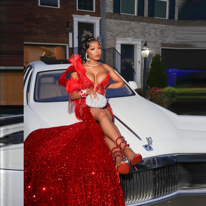 Robe de soirée sirène sexy à paillettes, décolleté sexy, plumes, pompons, laçage dans le dos, robe de soirée sirène Aso Ebi