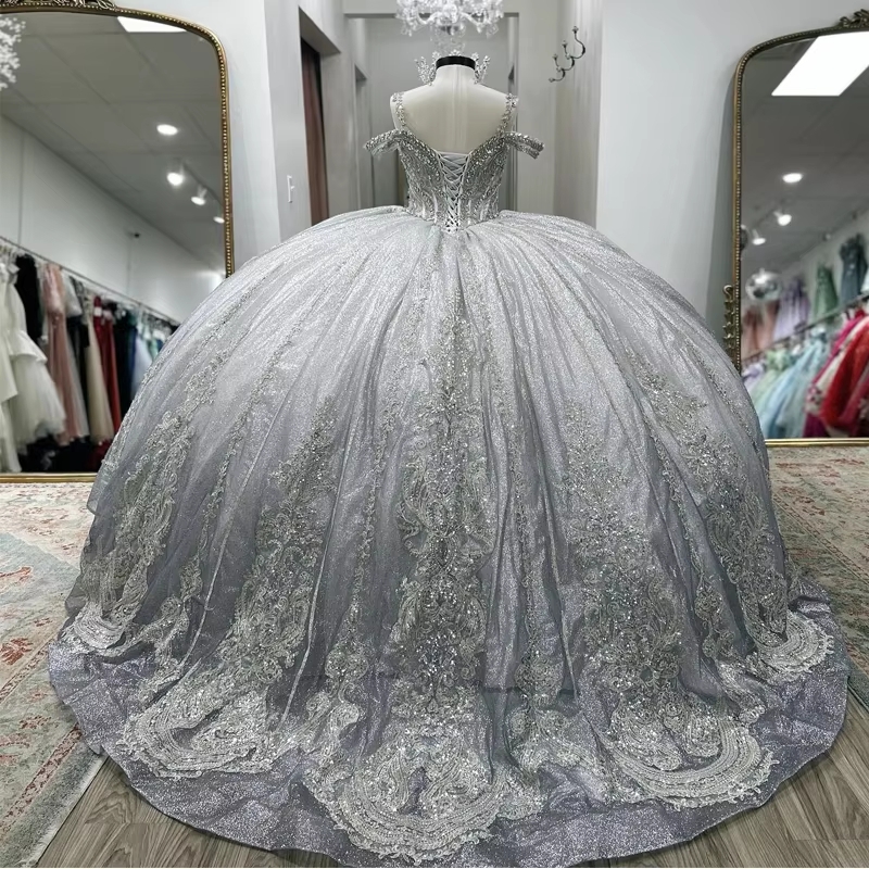 Vestidos de quinceañera plateados brillantes con hombros descubiertos, vestido de baile clásico con apliques de encaje y cuentas de tul de cristal, vestido de dulce 16, vestidos de 15