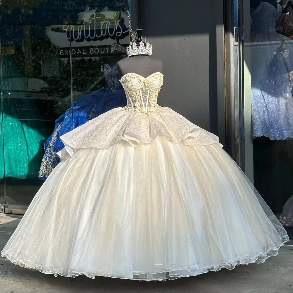 Vestido de princesa con ilusión brillante en marfil y dorado, escote corazón fruncido, tul popular, para quinceañera, personalizado