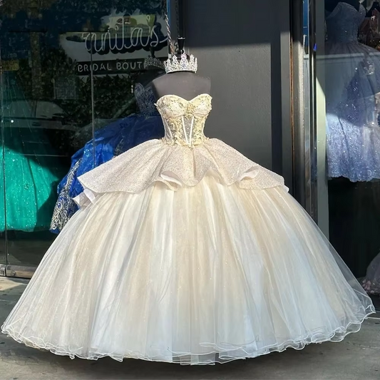 Vestido de princesa con ilusión brillante en marfil y dorado, escote corazón fruncido, tul popular, para quinceañera, personalizado
