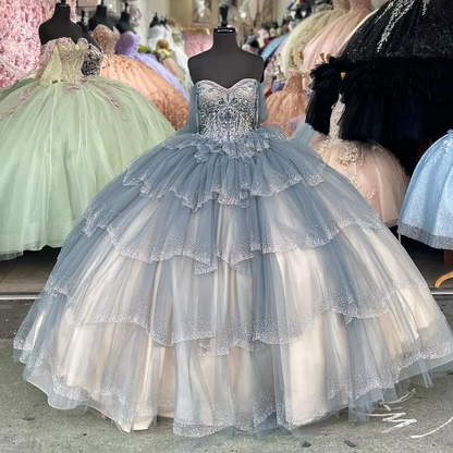 Customized Luxury Quinceanera Dresses Formal Beading Crystal Lace Tiered Ruffles Sweet 16 Birthday Princess Vestidos De 15 Anos