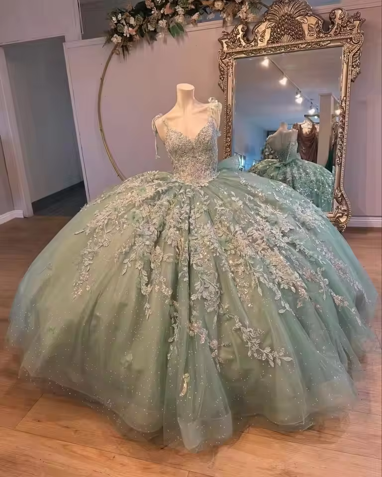 Vestido de quinceañera personalizado con tirantes finos, tul, encaje y apliques, vestido de fiesta para quinceañeras