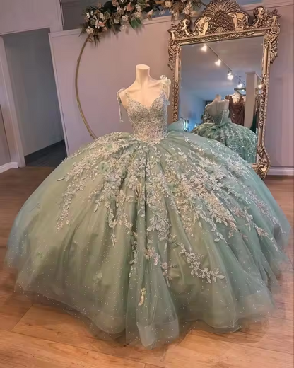 Vestido de quinceañera personalizado con tirantes finos, tul, encaje y apliques, vestido de fiesta para quinceañeras