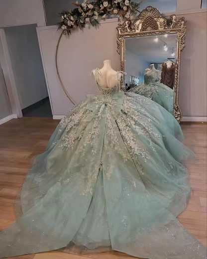 Vestido de quinceañera personalizado con tirantes finos, tul, encaje y apliques, vestido de fiesta para quinceañeras