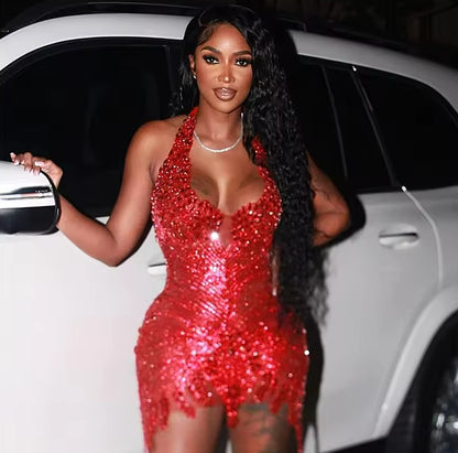 Red Halter Beaded Rhinestones Prom Dresses Black Girls Crystal Sheer Mesh African Mini Cocktail Dress Customized