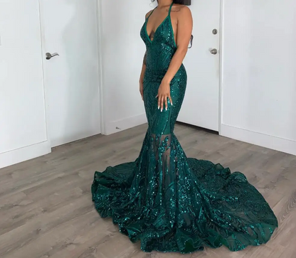 Robe de soirée sirène dos nu à décolleté en V profond et illusion Poison Ivy, robe de bal sexy avec traîne, robe de soirée en dentelle à paillettes bleu royal