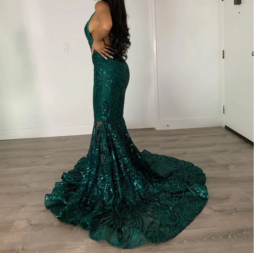 Robe de soirée sirène dos nu à décolleté en V profond et illusion Poison Ivy, robe de bal sexy avec traîne, robe de soirée en dentelle à paillettes bleu royal