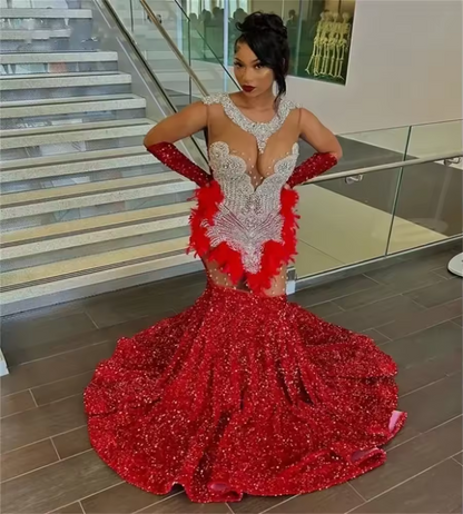 Vestido longo vermelho para baile de formatura para meninas negras, sereia, lantejoulas transparentes, penas, cristais, vestidos de festa de aniversário, vestido de noite feminino personalizado