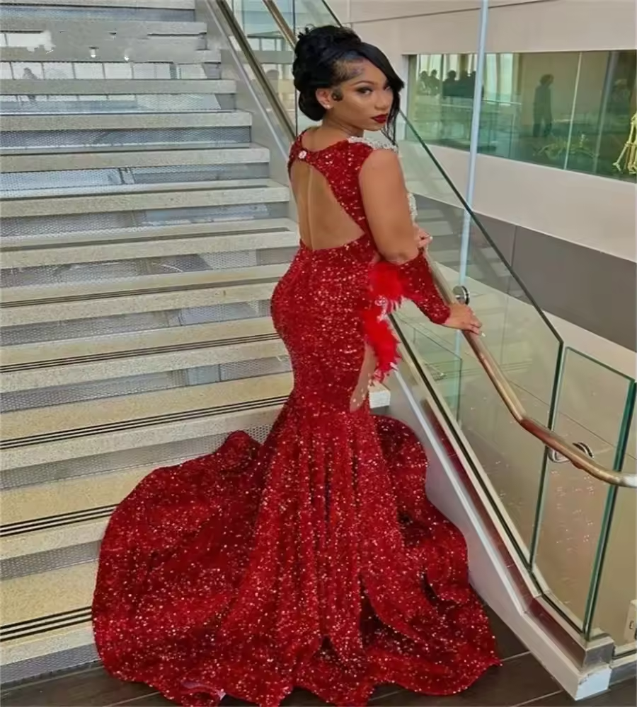 Vestido longo vermelho para baile de formatura para meninas negras, sereia, lantejoulas transparentes, penas, cristais, vestidos de festa de aniversário, vestido de noite feminino personalizado